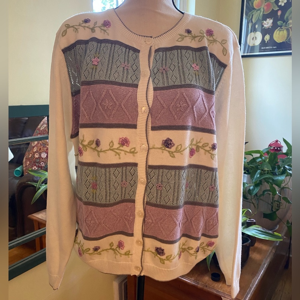 Vintage Alfred Dunner Floral Embroidered White/Teal/Lilac Cardigan L - Picture 11 of 11